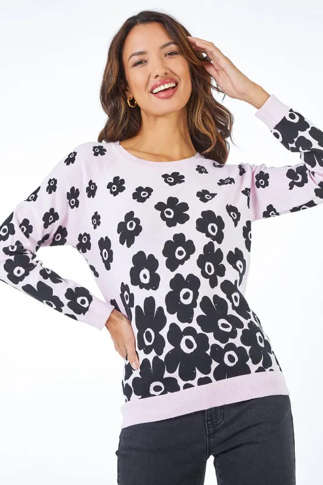 Pink Contrast Floral Print Stretch Jumper Women Roman Knitwear
