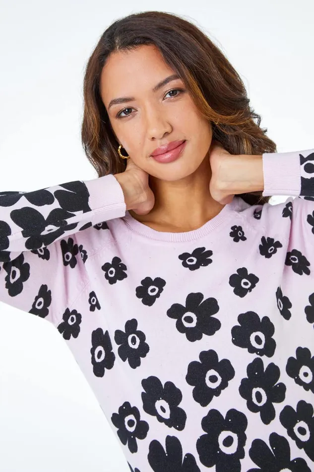 Pink Contrast Floral Print Stretch Jumper Women Roman Knitwear