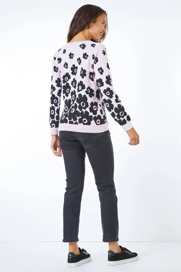 Pink Contrast Floral Print Stretch Jumper Women Roman Knitwear