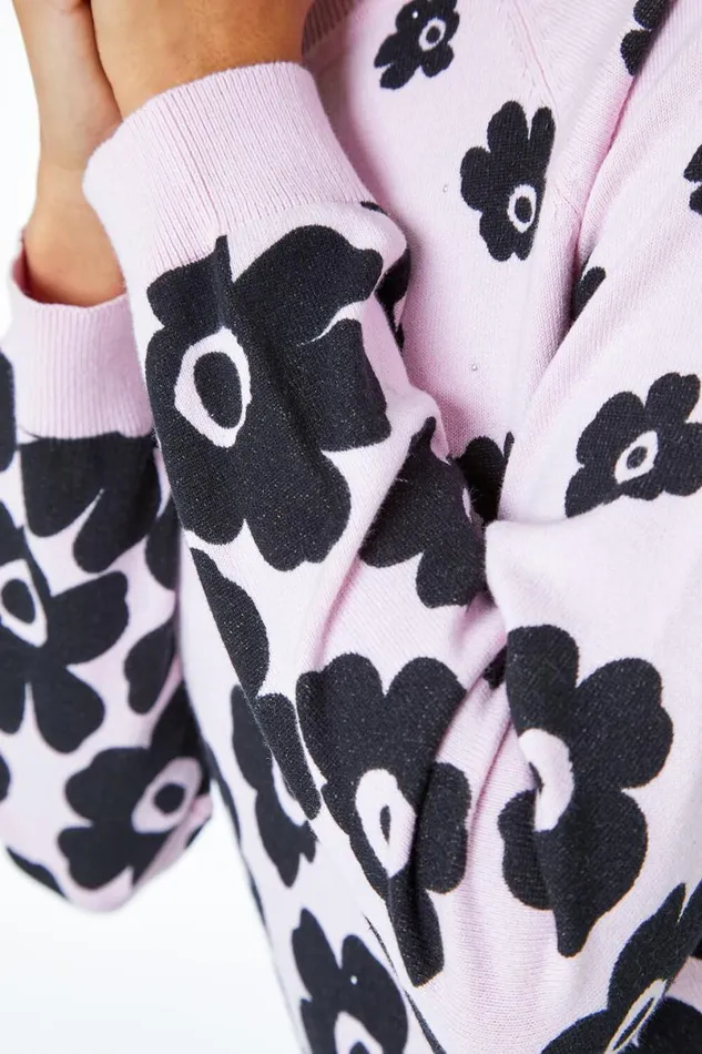 Pink Contrast Floral Print Stretch Jumper Women Roman Knitwear
