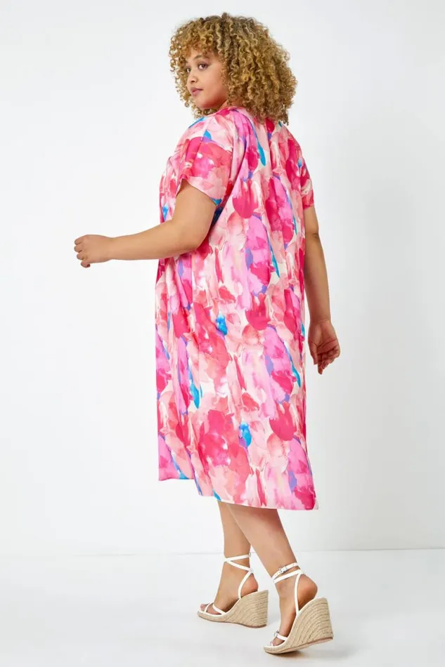 Pink Curve Abstract Relaxed Midi Dress Women Roman Dresses