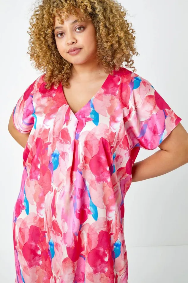 Pink Curve Abstract Relaxed Midi Dress Women Roman Dresses