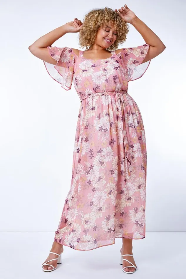 Pink Curve Floral Cold Shoulder Chiffon Maxi Dress Women Roman Dresses