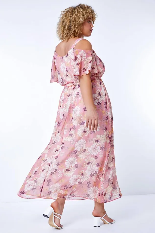 Pink Curve Floral Cold Shoulder Chiffon Maxi Dress Women Roman Dresses