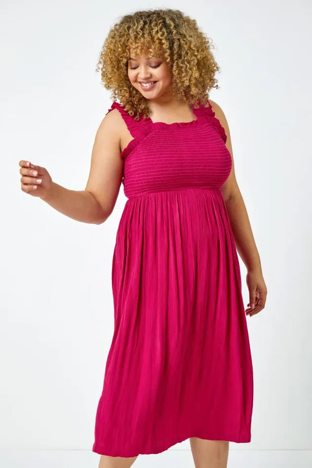 Pink Curve Sleeveless Shirred Midi Stretch Dress Women Roman Dresses