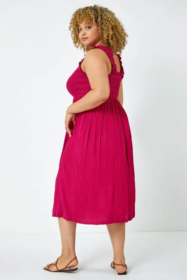 Pink Curve Sleeveless Shirred Midi Stretch Dress Women Roman Dresses