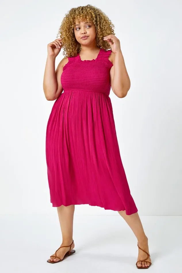 Pink Curve Sleeveless Shirred Midi Stretch Dress Women Roman Dresses