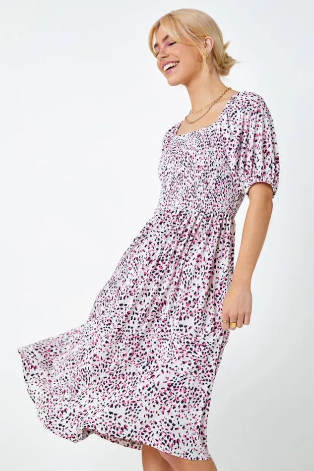 Pink Ditsy Spot Print Shirred Dress Women Roman Dresses