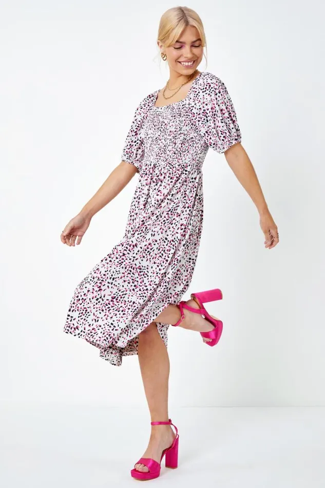 Pink Ditsy Spot Print Shirred Dress Women Roman Dresses