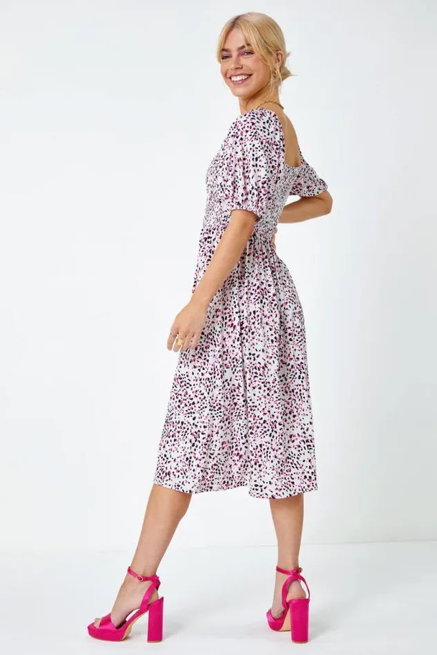 Pink Ditsy Spot Print Shirred Dress Women Roman Dresses
