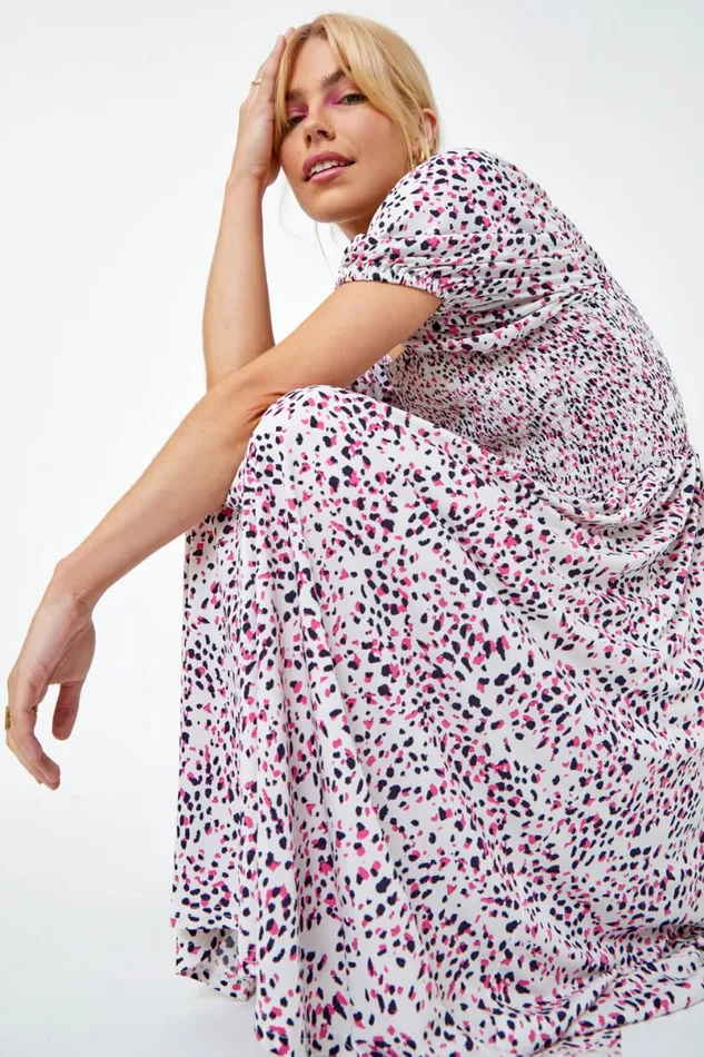 Pink Ditsy Spot Print Shirred Dress Women Roman Dresses