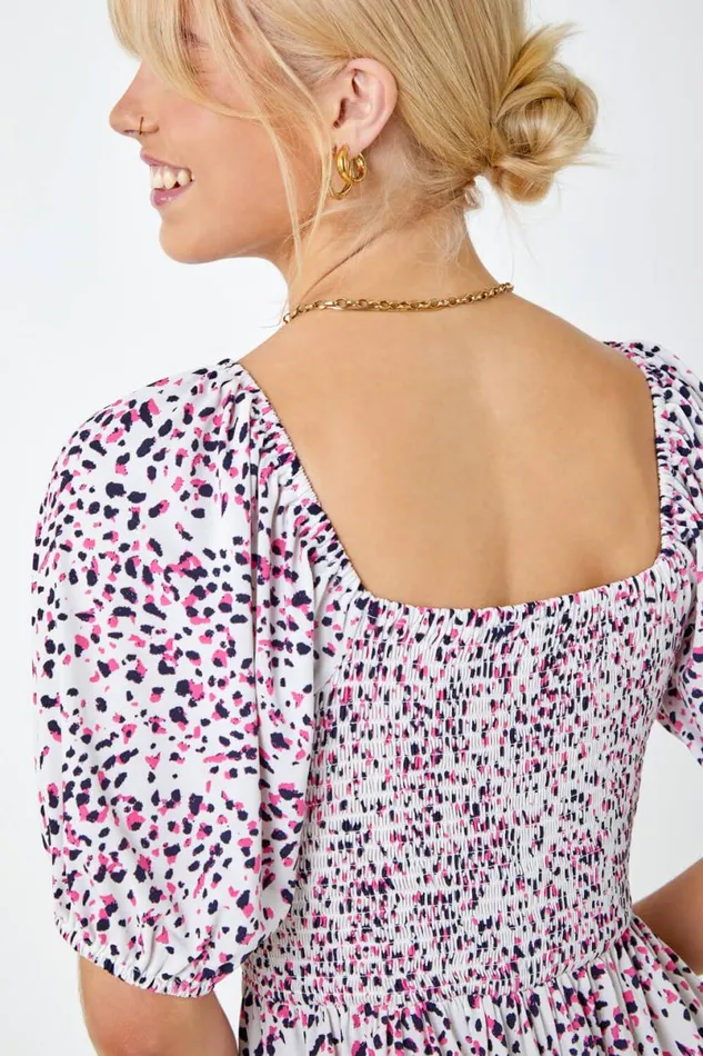 Pink Ditsy Spot Print Shirred Dress Women Roman Dresses