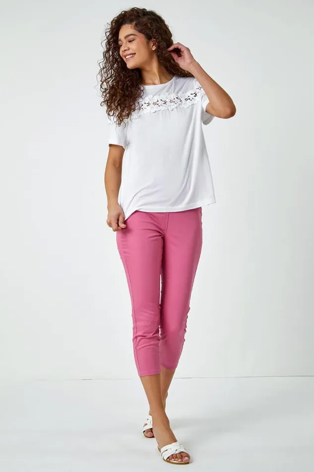Pink Elastic Waist Cropped Denim Jegging Women Roman Trousers