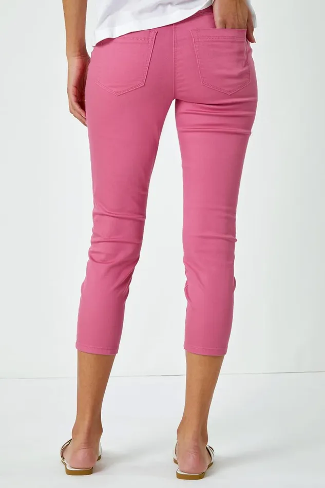 Pink Elastic Waist Cropped Denim Jegging Women Roman Trousers