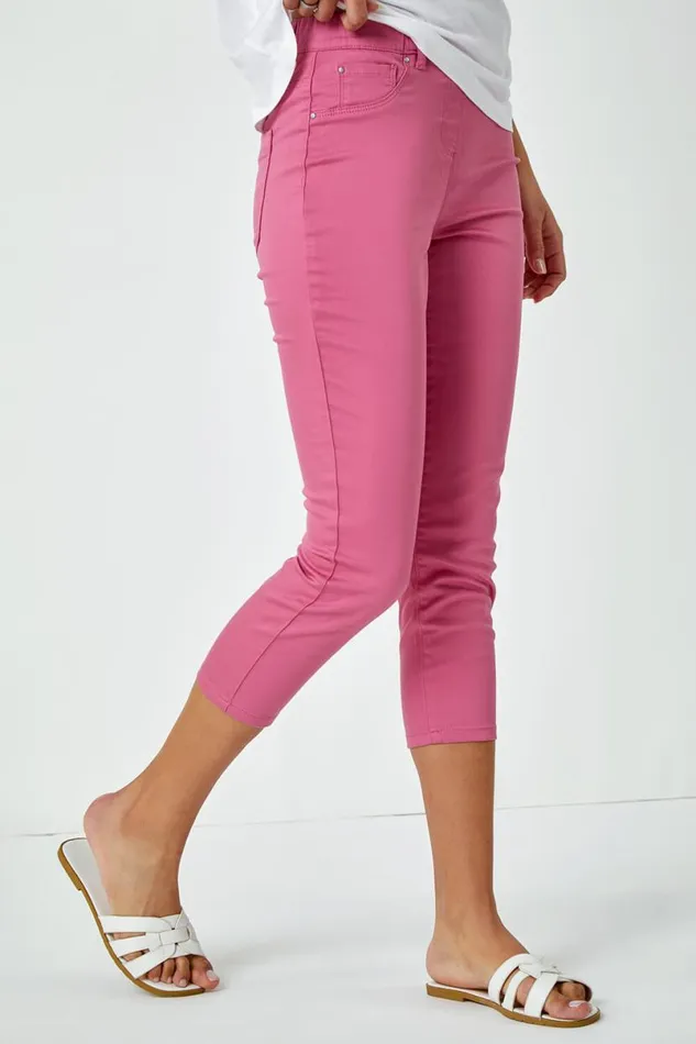 Pink Elastic Waist Cropped Denim Jegging Women Roman Trousers