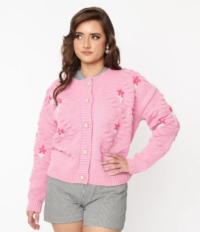 Pink Floral Cable Knit Cardigan Clothing Unique Vintage Sweaters and Cardigans