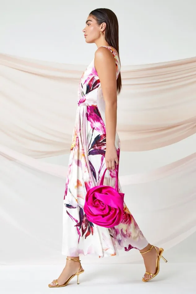 Pink Floral Drape Twist Ruched Maxi Dress Women Roman Dresses