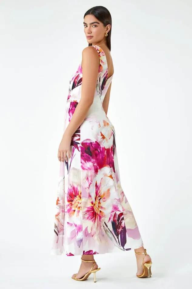 Pink Floral Drape Twist Ruched Maxi Dress Women Roman Dresses