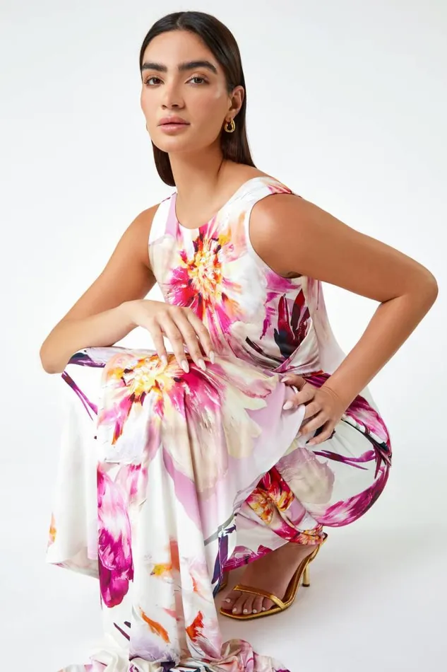 Pink Floral Drape Twist Ruched Maxi Dress Women Roman Dresses