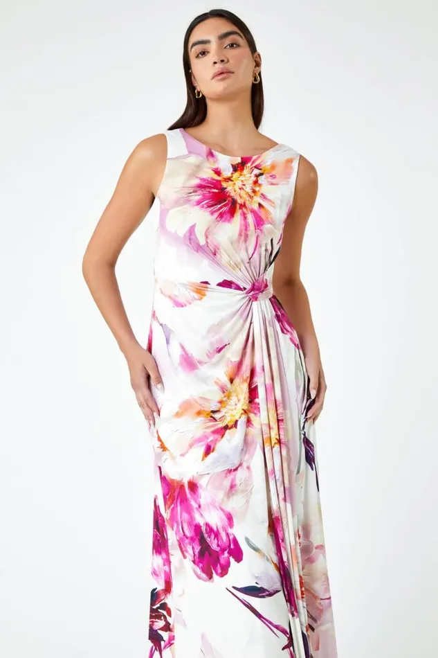 Pink Floral Drape Twist Ruched Maxi Dress Women Roman Dresses