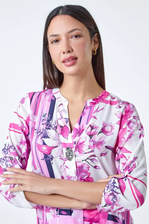 Pink Floral Patchwork Longline Button Detail Top Women Roman Tops
