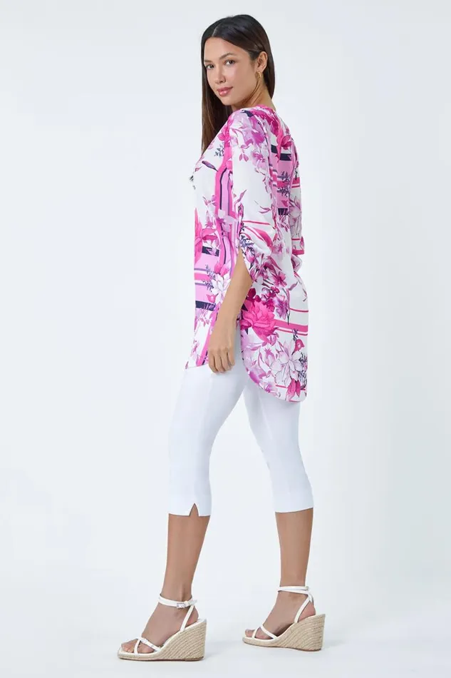 Pink Floral Patchwork Longline Button Detail Top Women Roman Tops