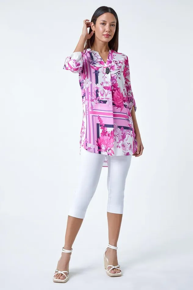 Pink Floral Patchwork Longline Button Detail Top Women Roman Tops