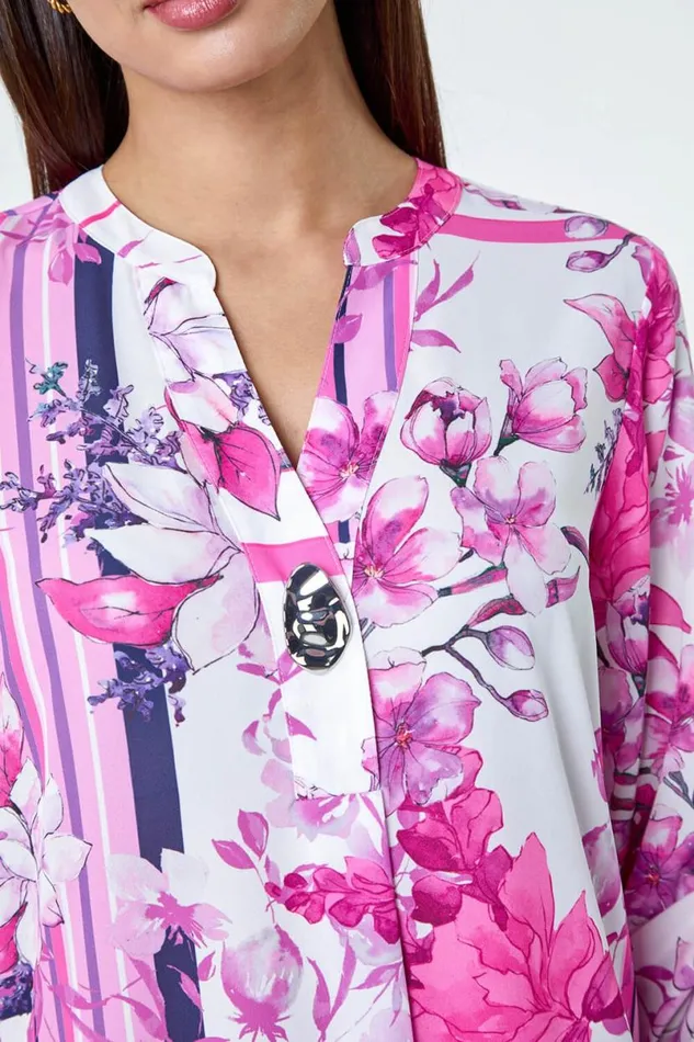 Pink Floral Patchwork Longline Button Detail Top Women Roman Tops