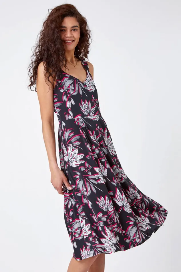 Pink Floral Print Midi Stretch Dress Women Roman Dresses