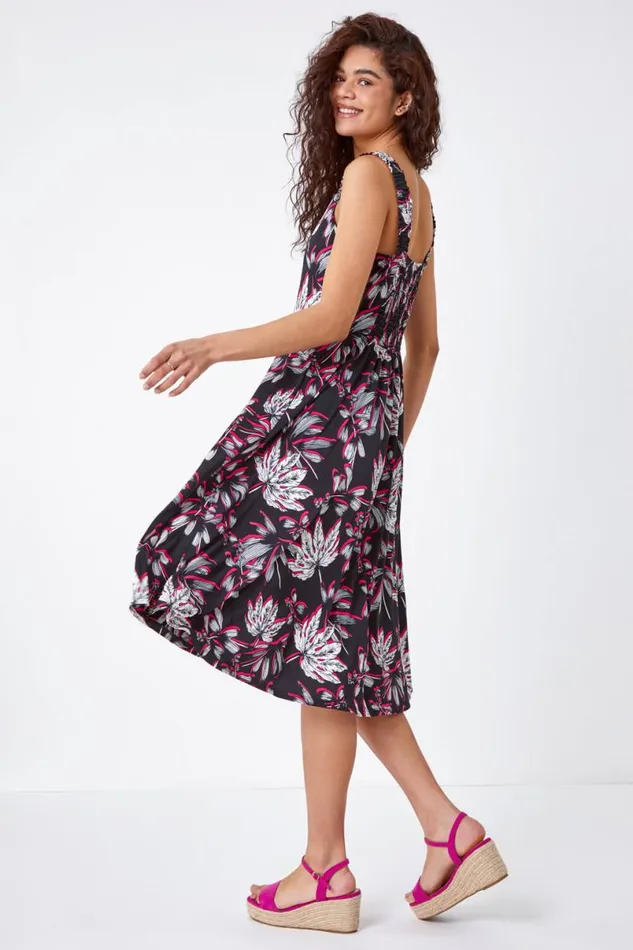Pink Floral Print Midi Stretch Dress Women Roman Dresses