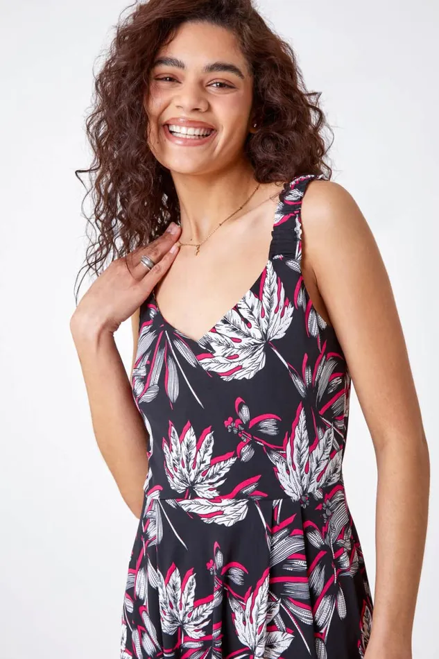 Pink Floral Print Midi Stretch Dress Women Roman Dresses