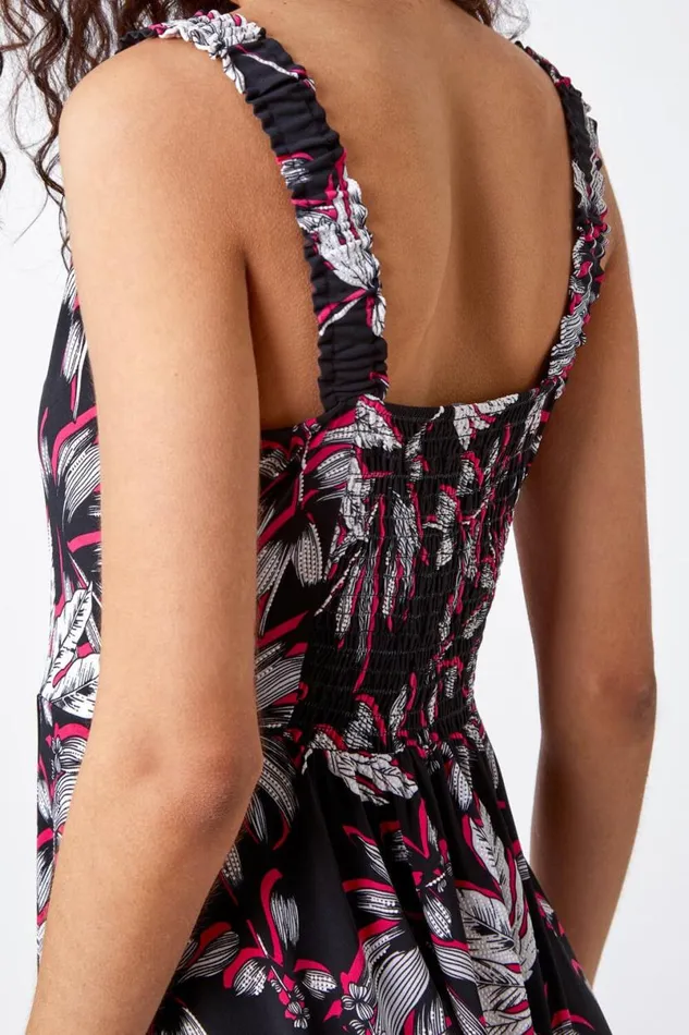 Pink Floral Print Midi Stretch Dress Women Roman Dresses