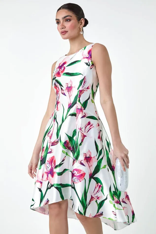 Pink Floral Satin Feel Dipped Hem Midi Dress Women Roman Dresses