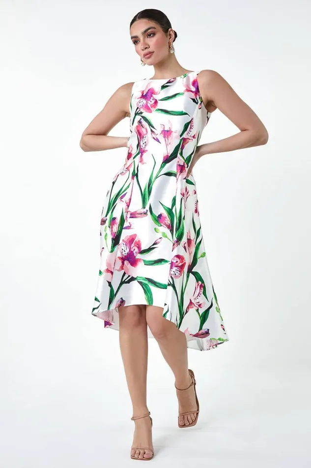 Pink Floral Satin Feel Dipped Hem Midi Dress Women Roman Dresses