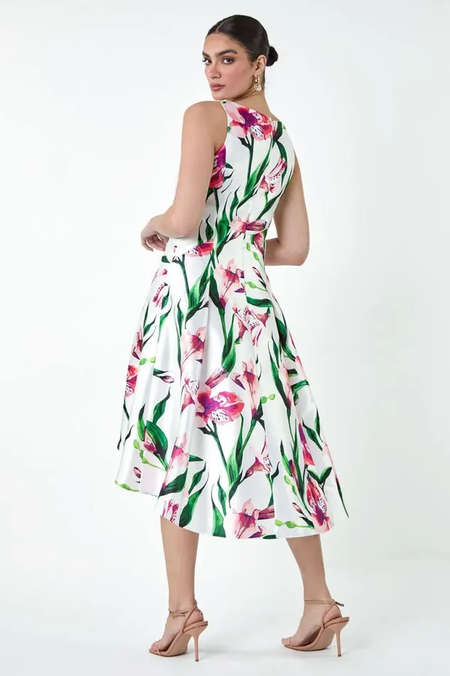Pink Floral Satin Feel Dipped Hem Midi Dress Women Roman Dresses