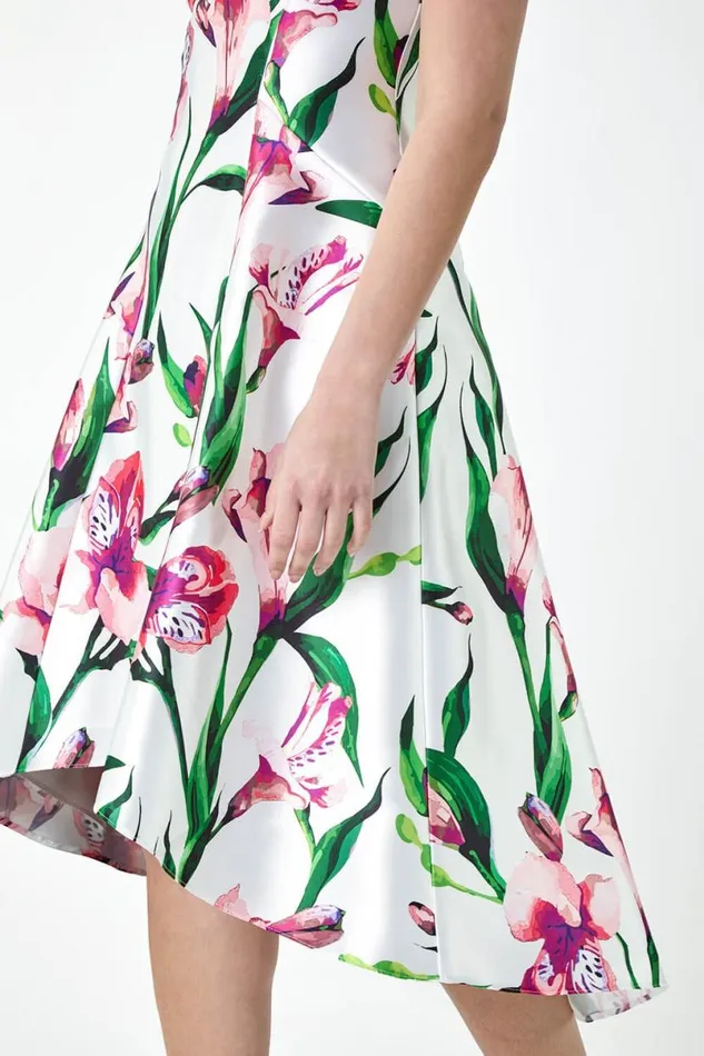 Pink Floral Satin Feel Dipped Hem Midi Dress Women Roman Dresses