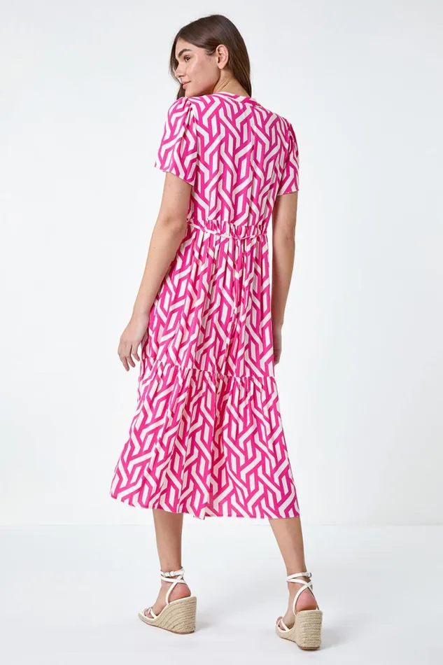 Pink Geometric Print Tiered Midi Dress Women Roman Dresses