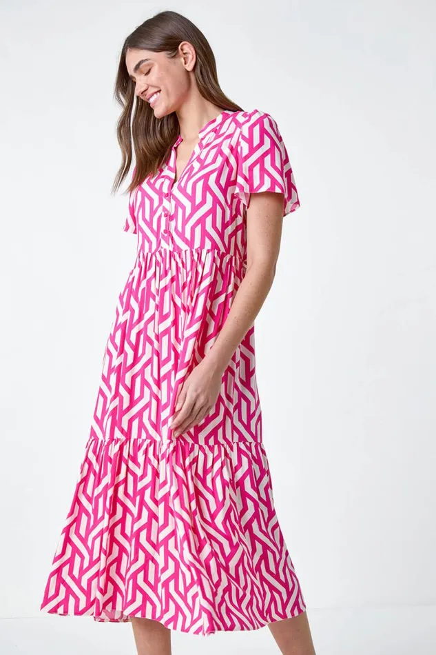 Pink Geometric Print Tiered Midi Dress Women Roman Dresses