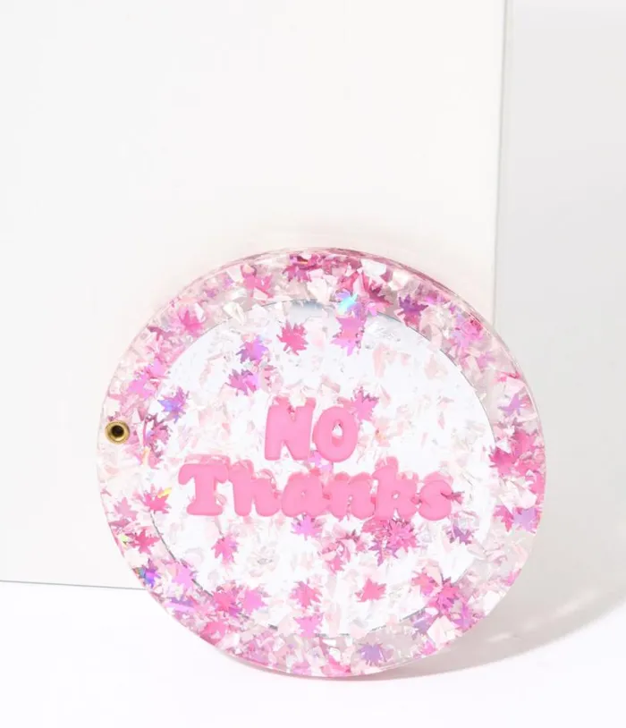 Pink No Thanks Glitter Compact Pocket Mirror Accessories Unique Vintage Beauty