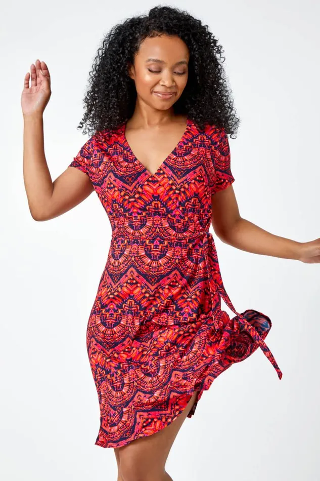 Pink Petite Aztec Tie Detail Wrap Dress Women Roman Dresses