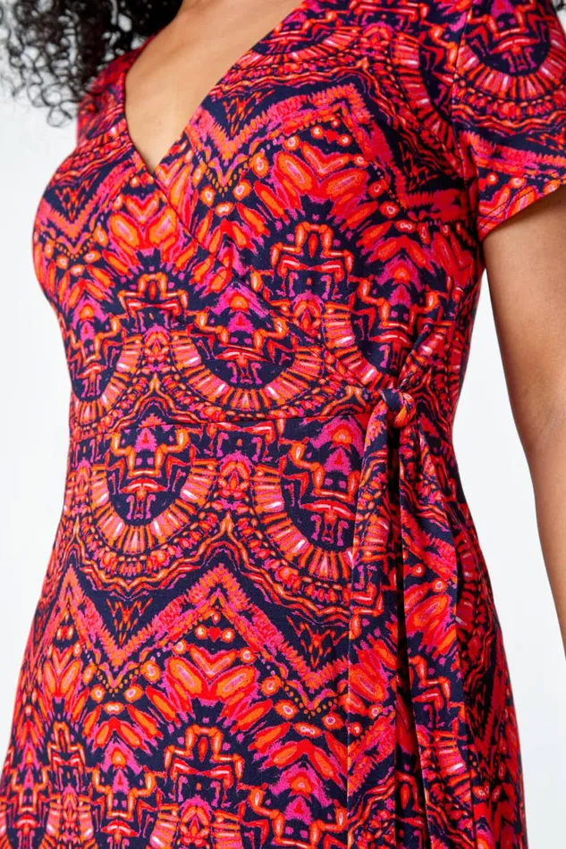 Pink Petite Aztec Tie Detail Wrap Dress Women Roman Dresses