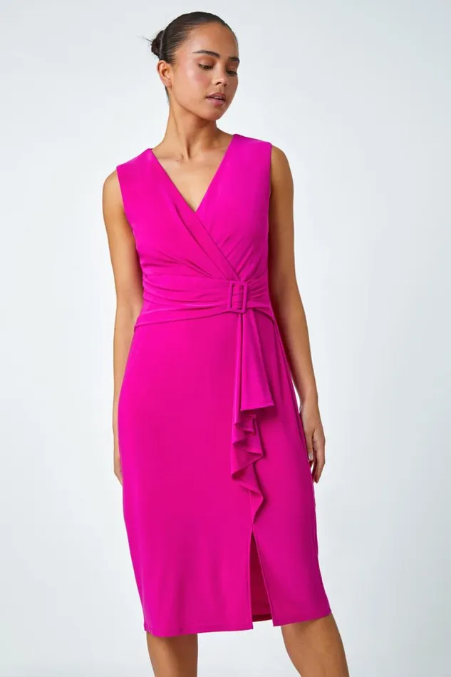 Pink Petite Buckle Waterfall Stretch Dress Women Roman Dresses
