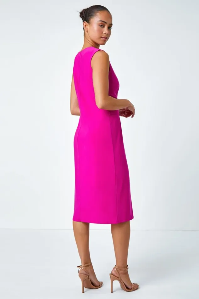 Pink Petite Buckle Waterfall Stretch Dress Women Roman Dresses
