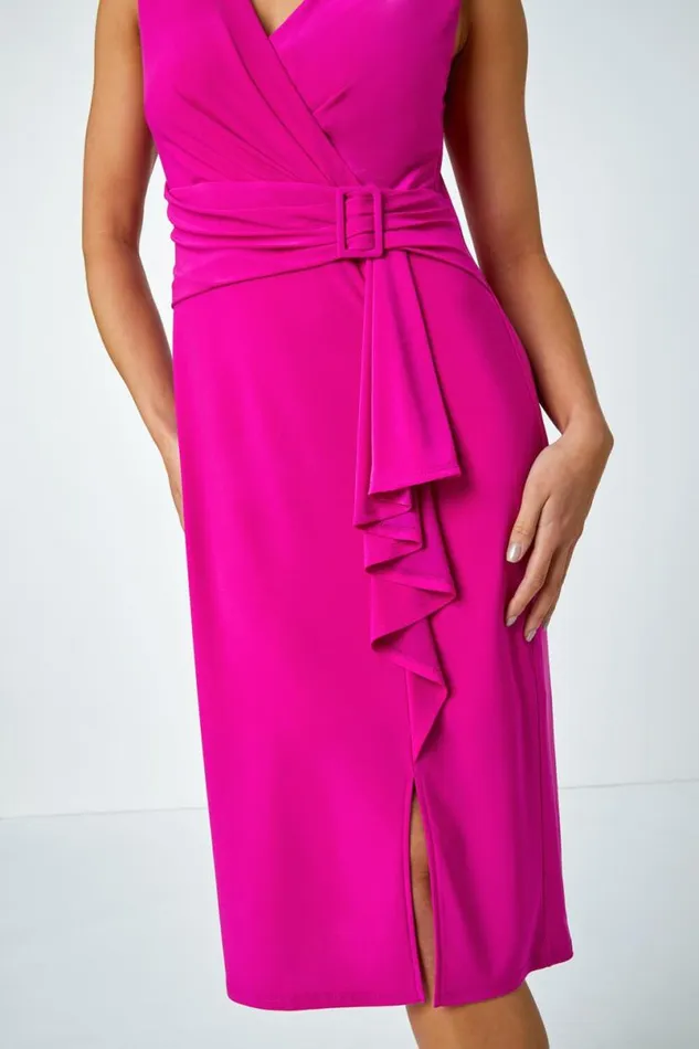 Pink Petite Buckle Waterfall Stretch Dress Women Roman Dresses