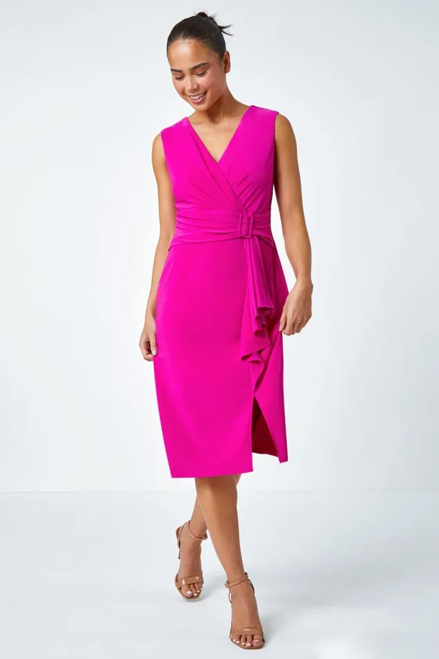 Pink Petite Buckle Waterfall Stretch Dress Women Roman Dresses