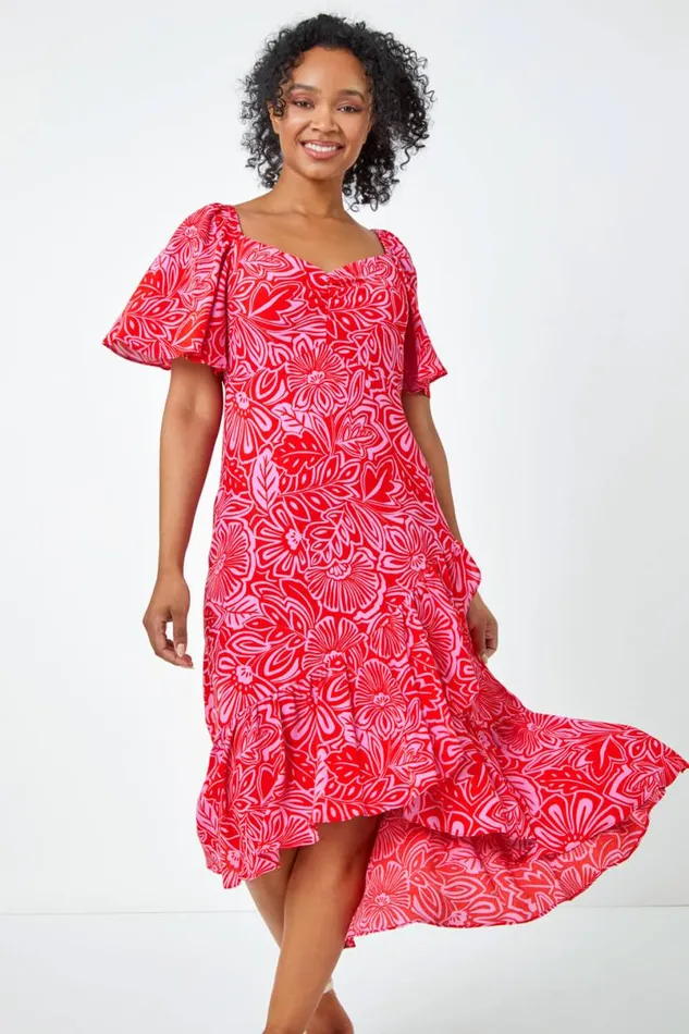 Pink Petite Floral Print Ruched Midi Dress Women Roman Dresses