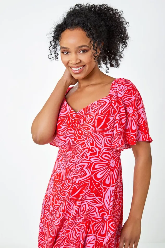 Pink Petite Floral Print Ruched Midi Dress Women Roman Dresses