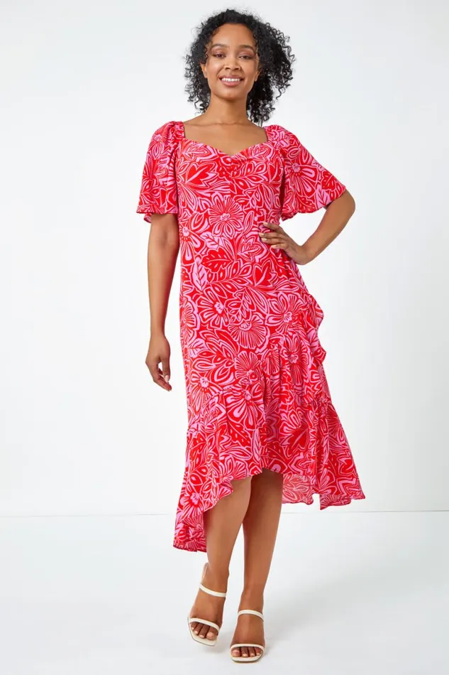 Pink Petite Floral Print Ruched Midi Dress Women Roman Dresses