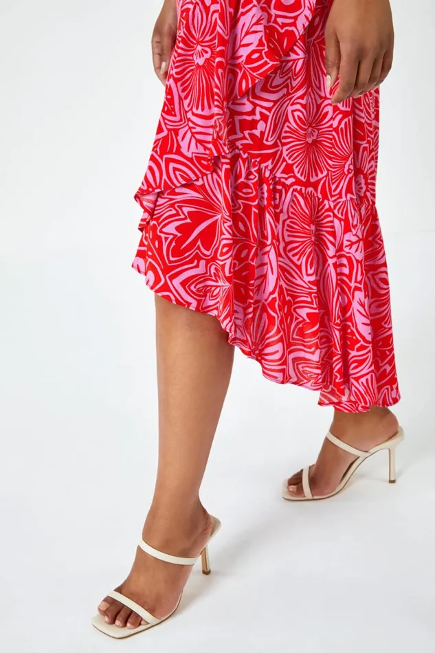 Pink Petite Floral Print Ruched Midi Dress Women Roman Dresses