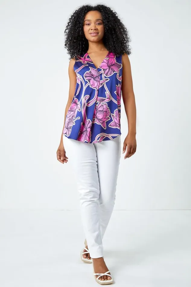 Pink Petite Floral Print VNeck Satin Top Women Roman Tops